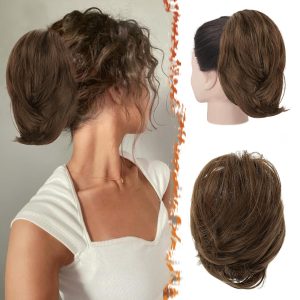 FESHFEN Claw Clip Short Synthetic Hair Ponytail Extension - 8 Inch DIY Styles Claw Clip Real Hair Medium Brown Messy Bun Hairpieces for Women - Short Natural Dark Brown Ponytail Daily