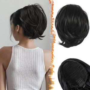 FESHFEN 8 inch Drawstring Clip in Short Hair Ponytail Extension Synthetic Hair Bun Extension Messy Bun Hairpieces Easy Scrunchies for Women