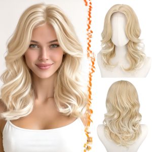 FESHFEN Short Wavy Layered Blonde Wig - Shoulder Length Wavy Blonde Wigs for Women - Short Loose Wave Textured Layered Wig with Face-Framing Curtain Bangs Soft Synthetic Natural Looking Daily Party