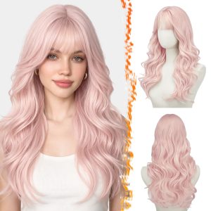 FESHFEN 22 Inch Layered Body Wavy Light Pink Wig with Wispy Curtain Bangs Butterfly Cut Layered Wavy, Soft Synthetic, Natural Looking Lace Scalp, Lightweight Breathable Comfortable Fit,Versatile Wear