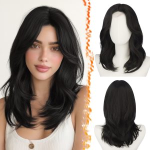 FESHFEN 16 Inch Soft Synthetic Straight Layered Black Curtain Bangs Wig Butterfly Layered Haircut, Natural Looking Hairline, Small Lace Front, Lightweight Breathable Comfortable Fit, Versatile Wear